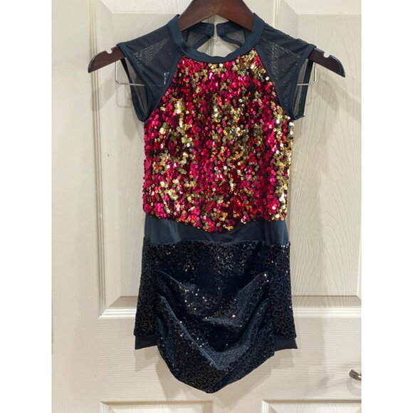Jazz Hands by Weismann Girls Sequin Dance Costume Black/Red/Gold Size L - Picture 2 of 8